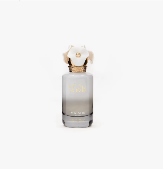 Perfume Lolita de Maison Asrar, frasco gris con tapa floral; fragancia femenina floral-frutal.