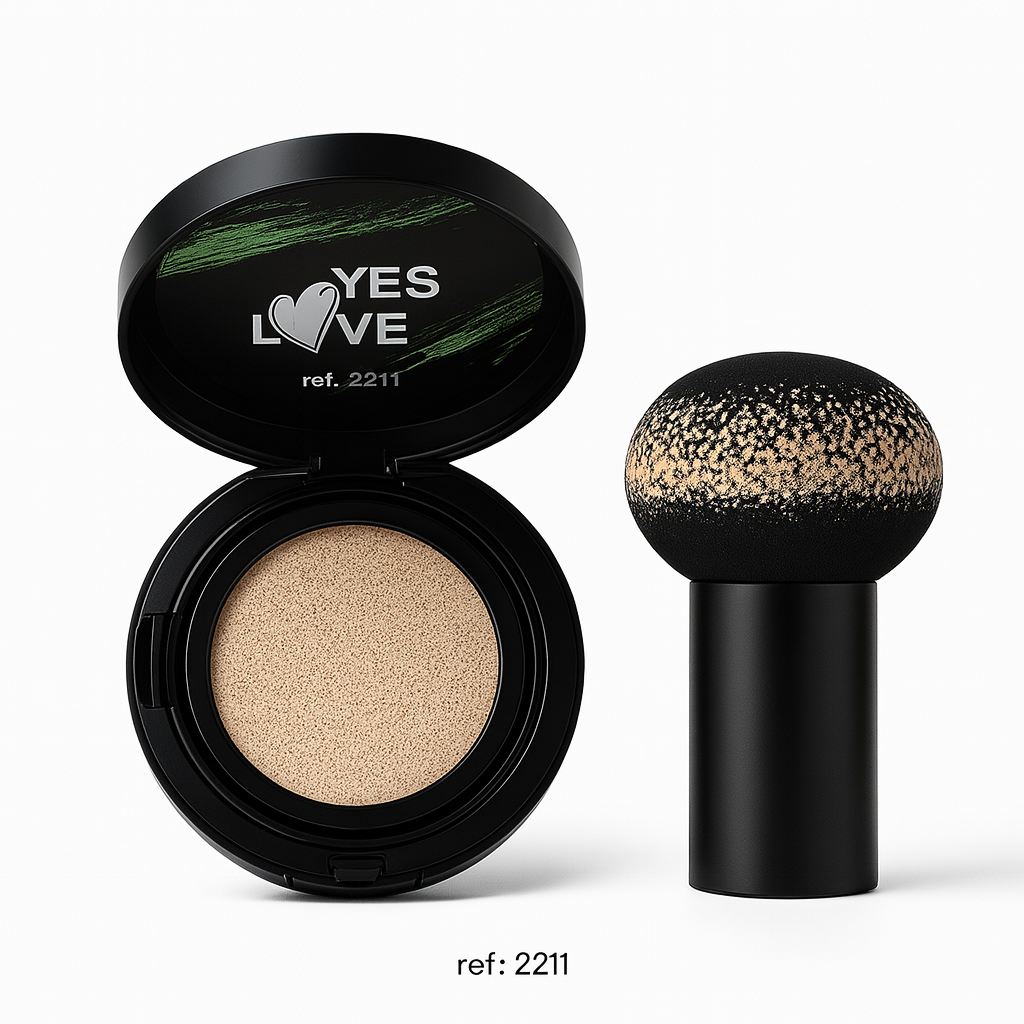 Aplicación con esponja seta YES LOVE — base cushion de larga duración, difumina poros