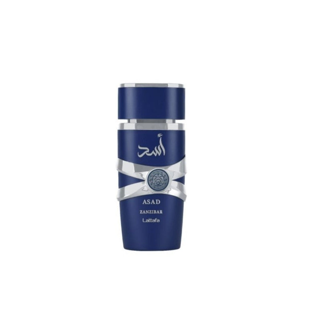 “Lattafa Asad Zanzibar Eau de Parfum 100 ml, frasco azul — perfume especiado marino con vainilla e incienso”