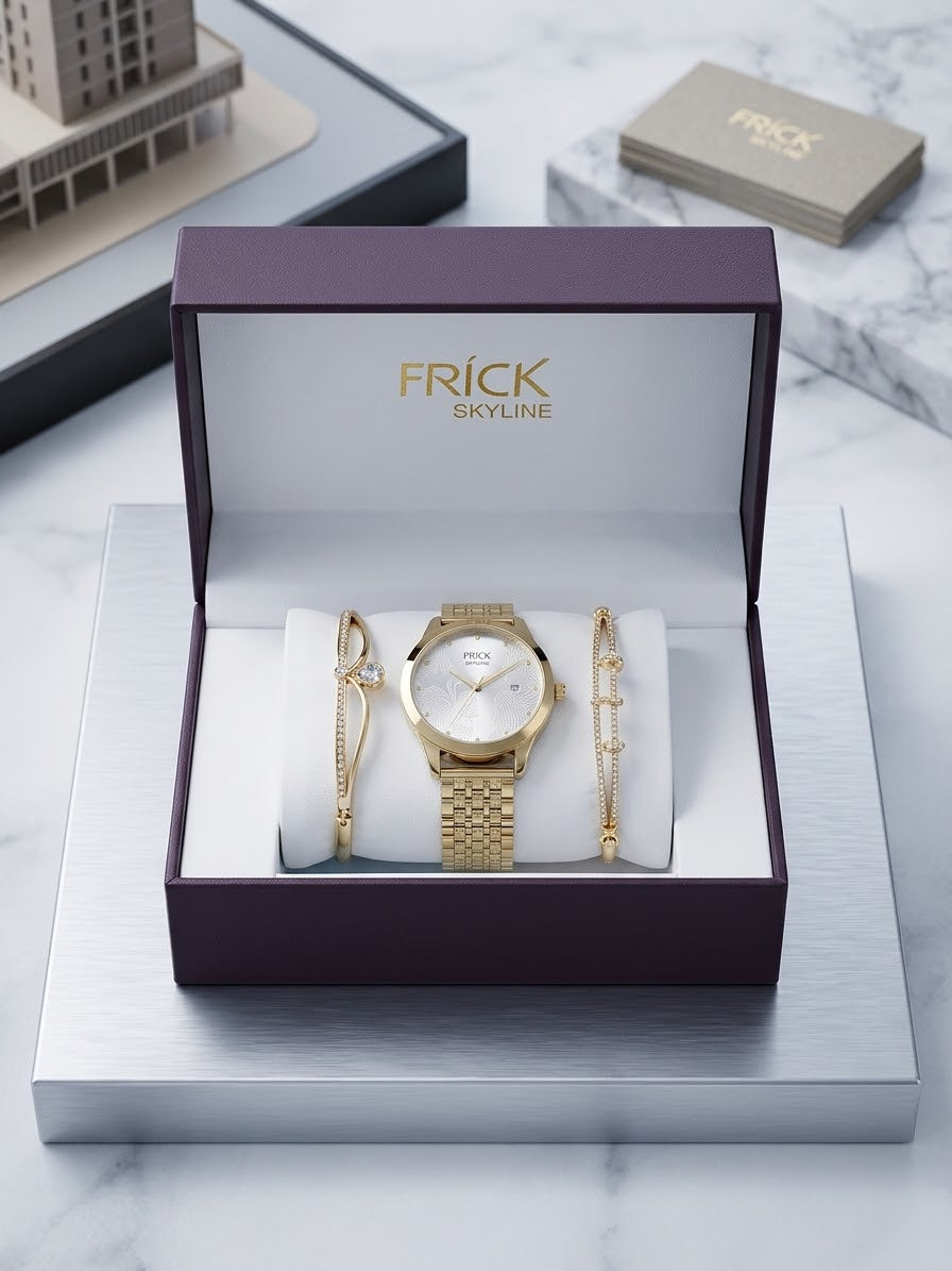 Conjunto de Reloj Frick Skyline Dorado con dos Pulseras