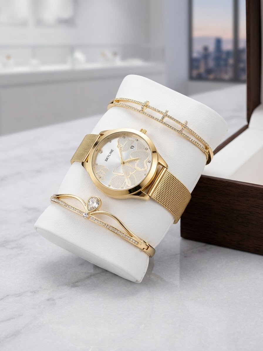 Conjunto de Reloj Frick Skyline Dorado con dos Pulseras