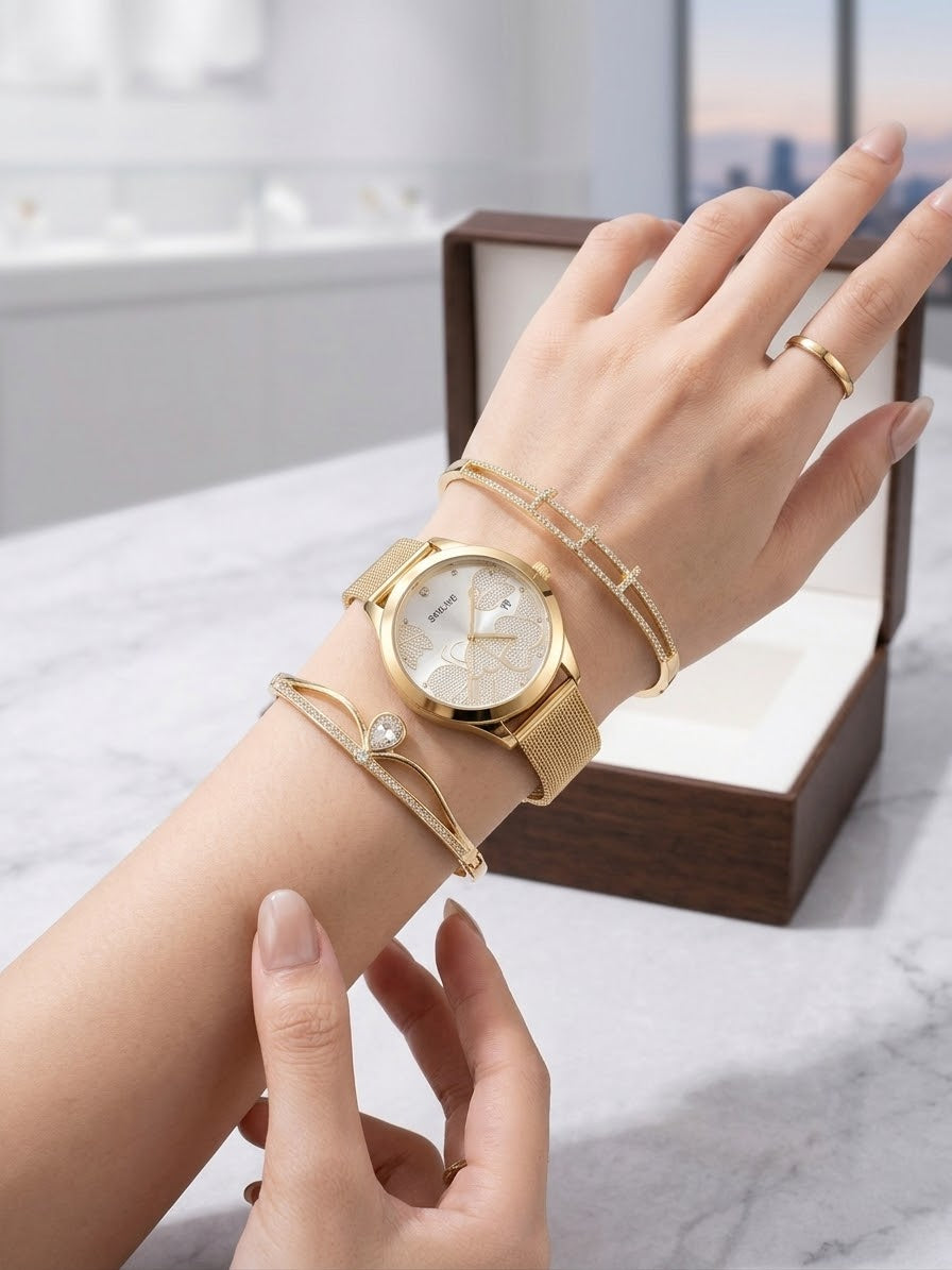 Conjunto de Reloj Frick Skyline Dorado con dos Pulseras