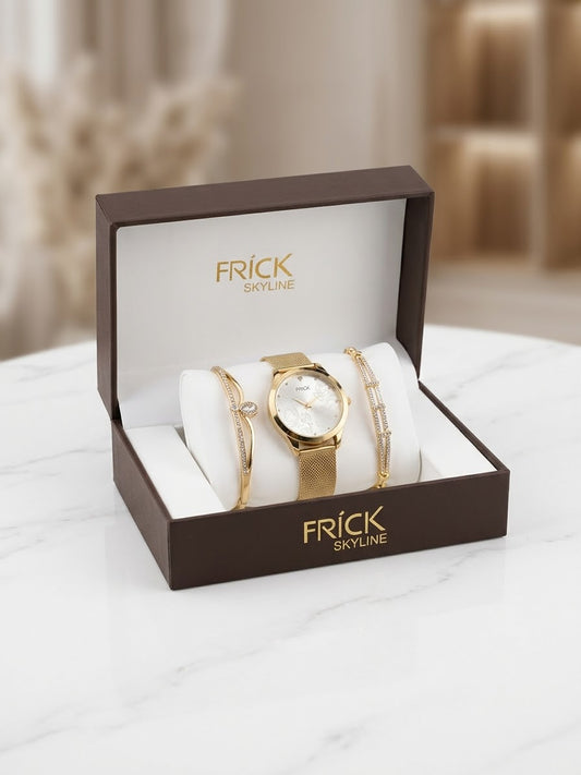 Conjunto de Reloj Frick Skyline Dorado con dos Pulseras