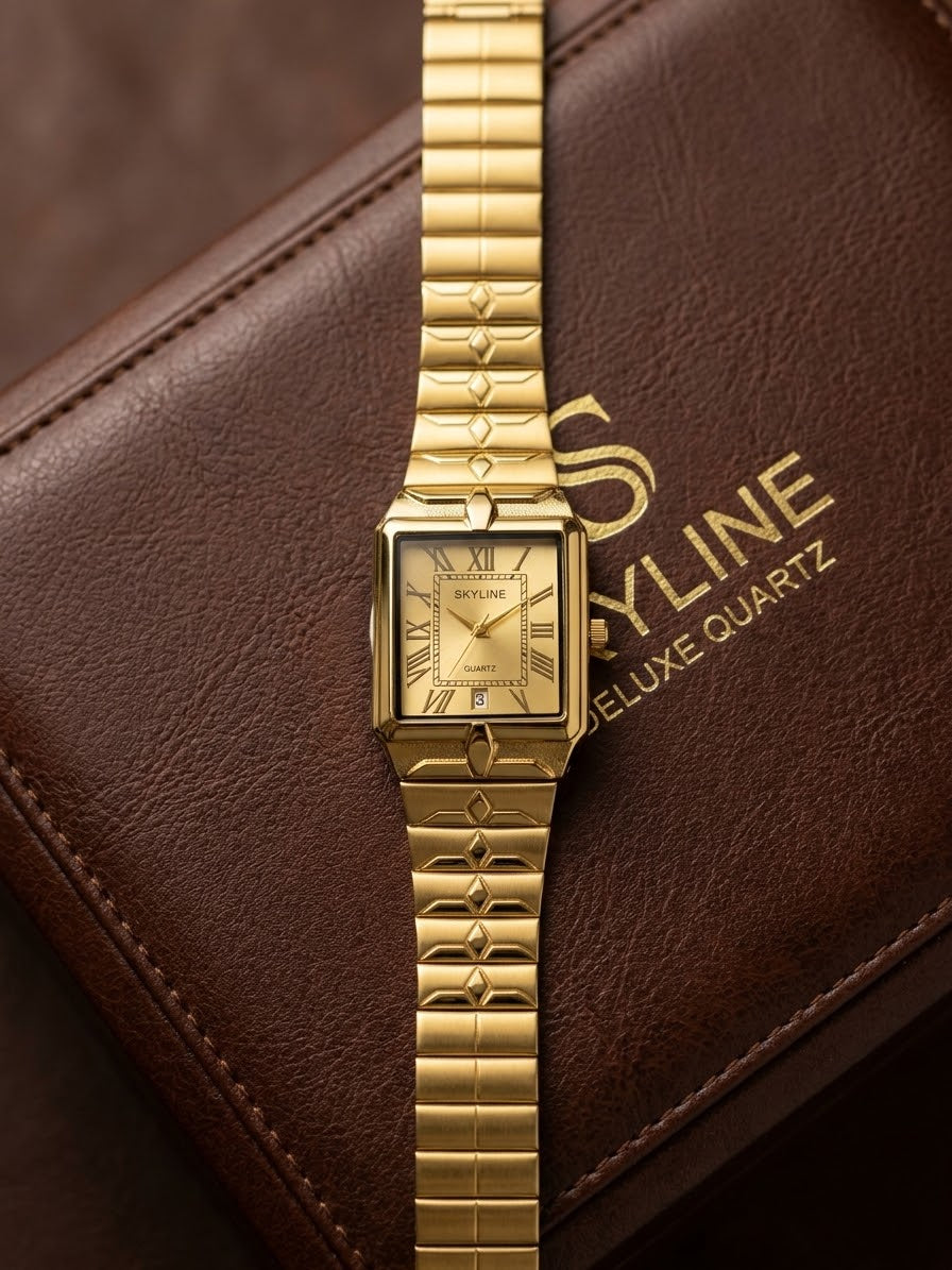 Reloj de Lujoso Diseño Geométrico "Skyline" con Pulsera Dorada