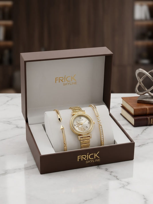 Set de Reloj "Skyline" Dorado y Dos Pulseras con Detalles de Cristales
