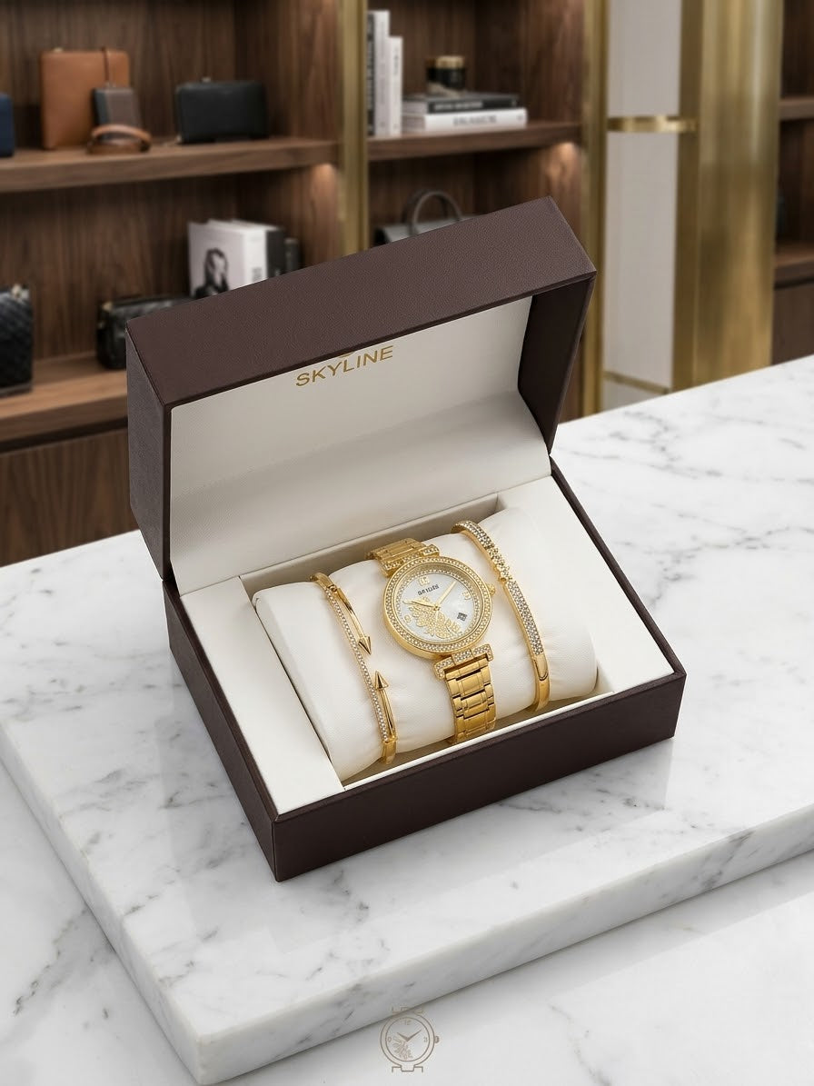 Set de Reloj "Skyline" Dorado y Dos Pulseras con Detalles de Cristales