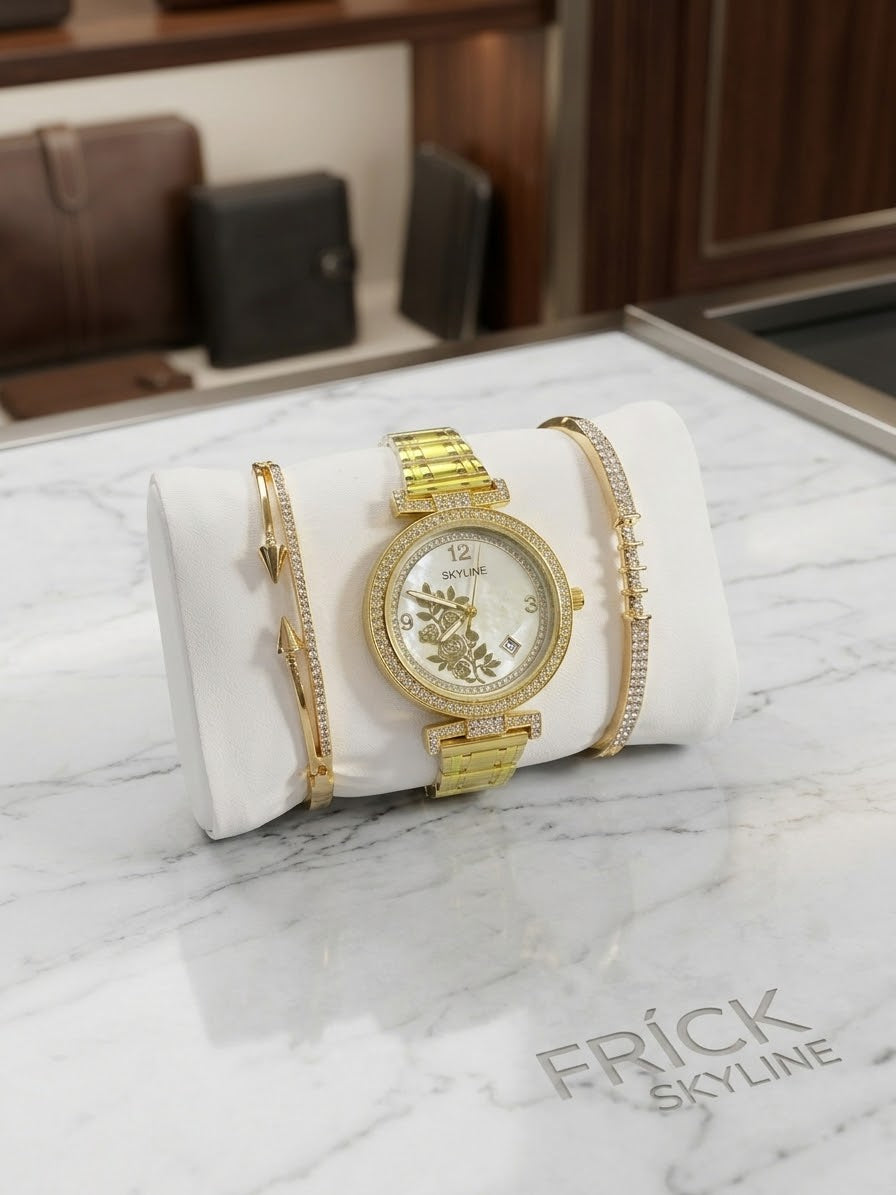Set de Reloj "Skyline" Dorado y Dos Pulseras con Detalles de Cristales