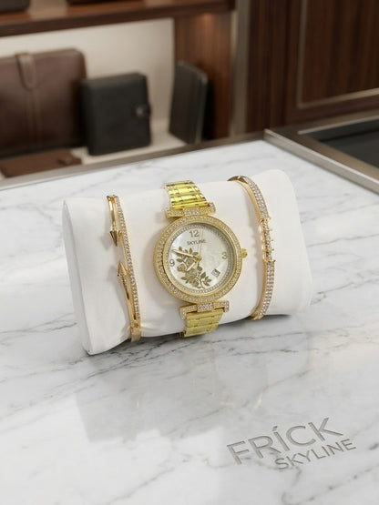 Set de Reloj "Skyline" Dorado y Dos Pulseras con Detalles de Cristales