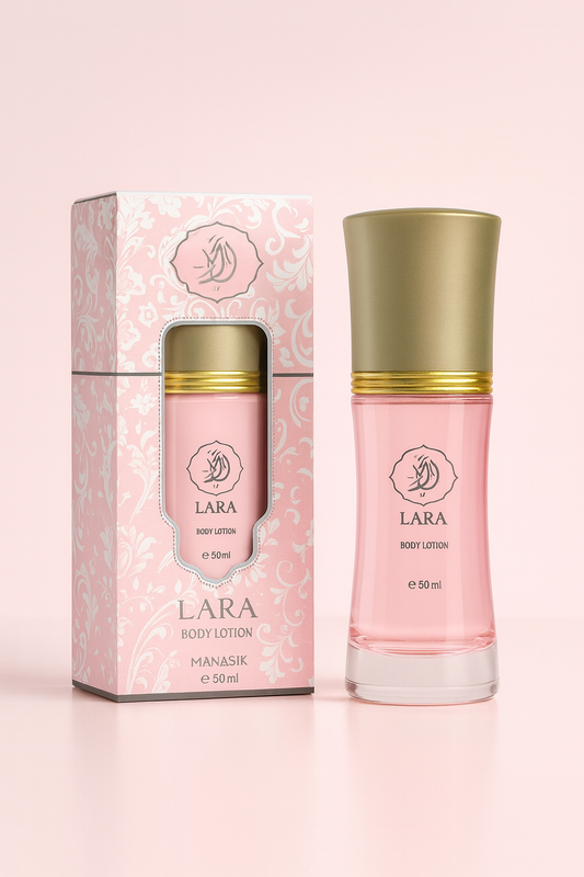 Lara Body Lotion 50 ml Manasik – loción corporal árabe hidratante con estuche rosa