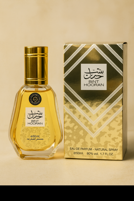 Perfume árabe Bint Hooran Eau de Parfum 50ml original con caja dorada elegante