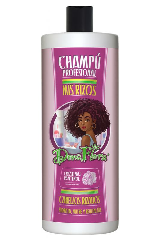 Champú profesional Mis Rizos Dona Flora con creatina y pantenol para hidratar y definir cabellos rizados.